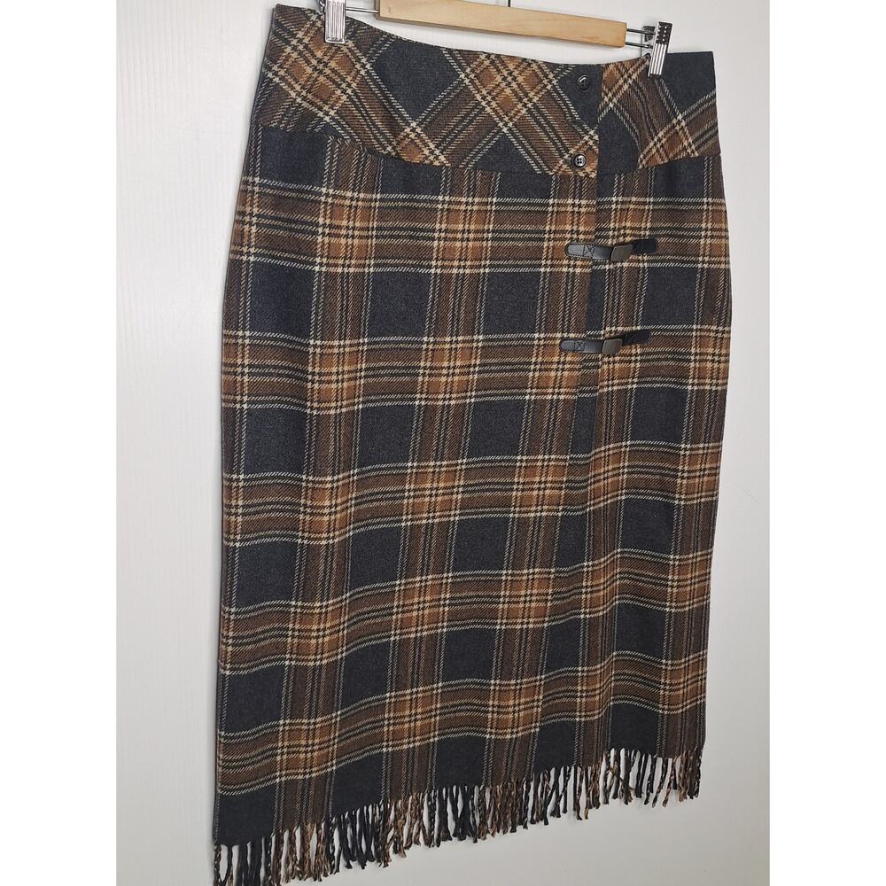 VTG 90s Wool Plaid Midi Blanket Skirt Tartan Wrap Fringe L 14 Academia Preppy - Picture 7 of 9